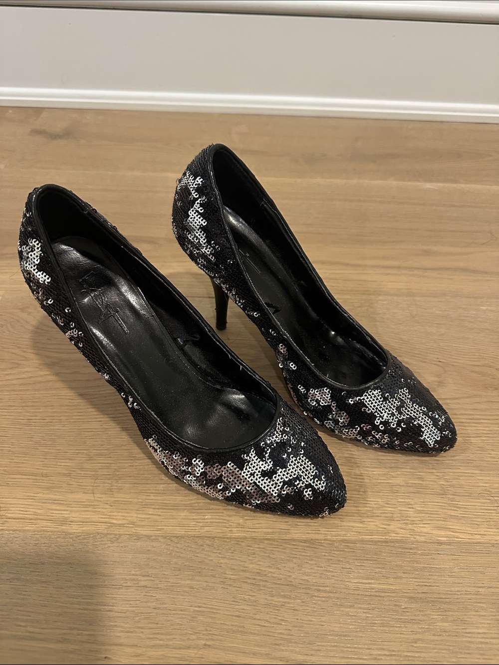 Sequined Black Pointed-Toe Stiletto Heels